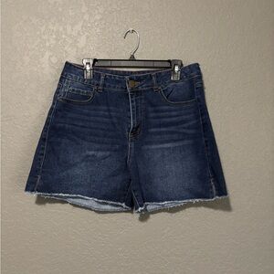 High-Rise Dark Blue Denim Jean Shorts with Frayed Hem